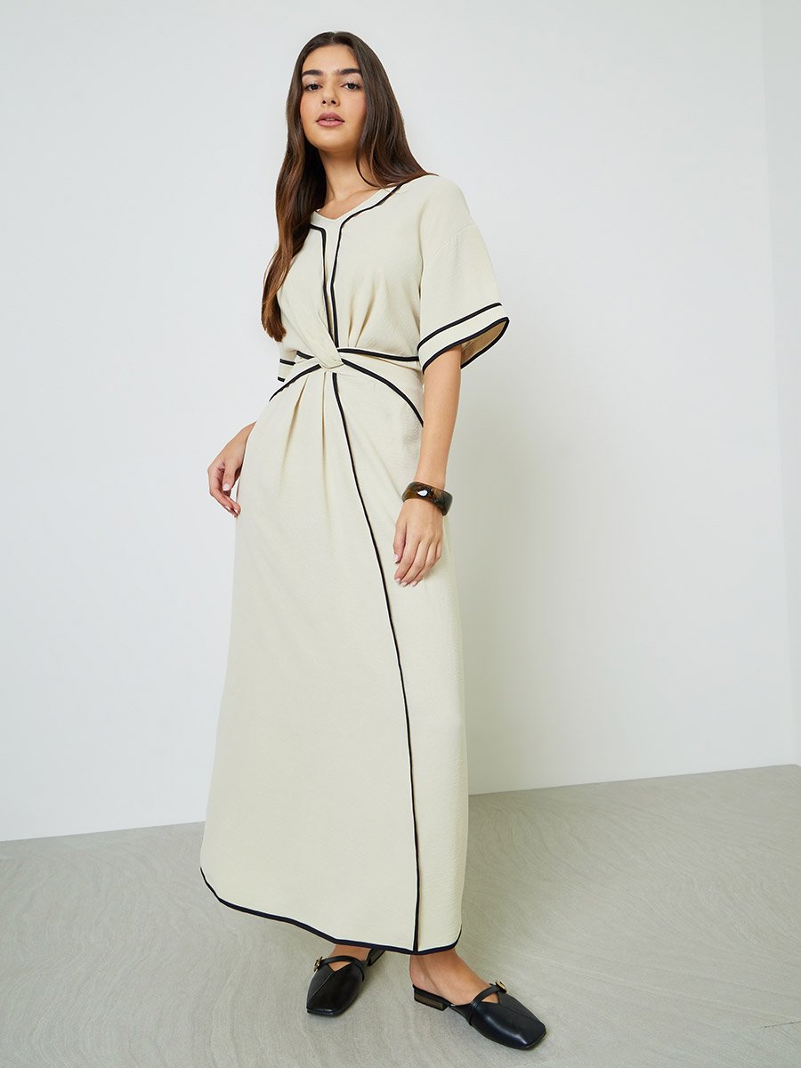 Beige Contrast Trims Gathered Waist A-Line Maxi Dress