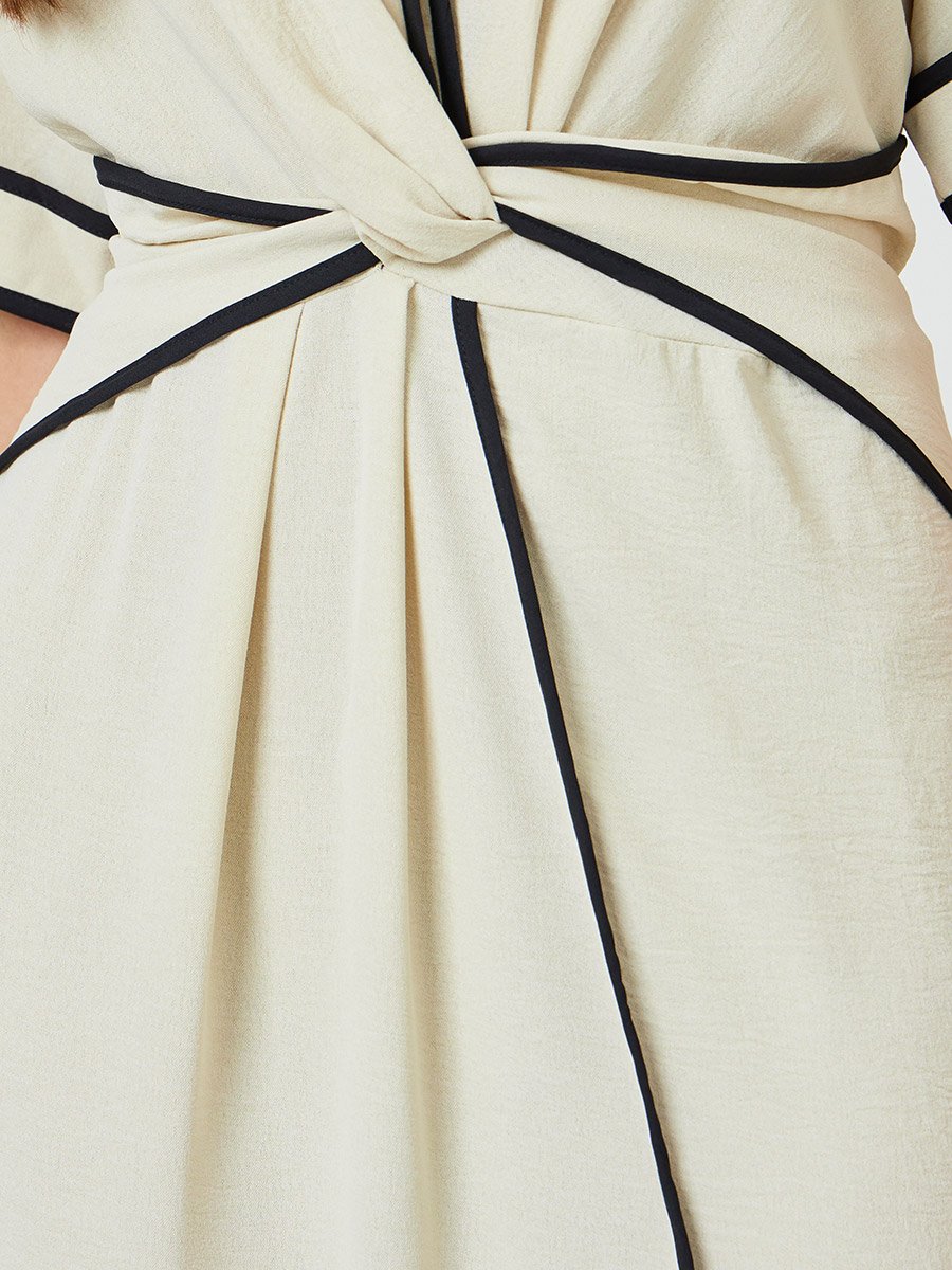 Beige Contrast Trims Gathered Waist A-Line Maxi Dress