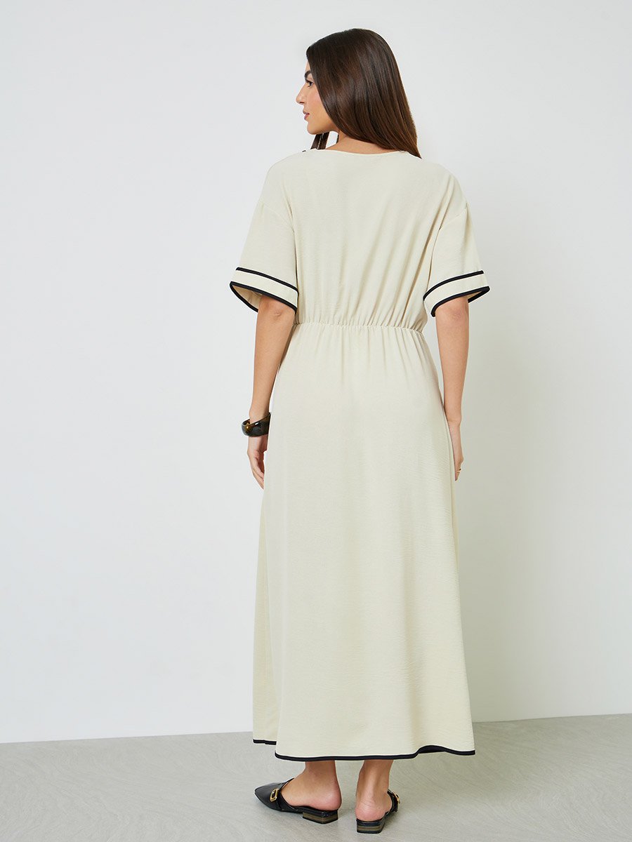 Beige Contrast Trims Gathered Waist A-Line Maxi Dress