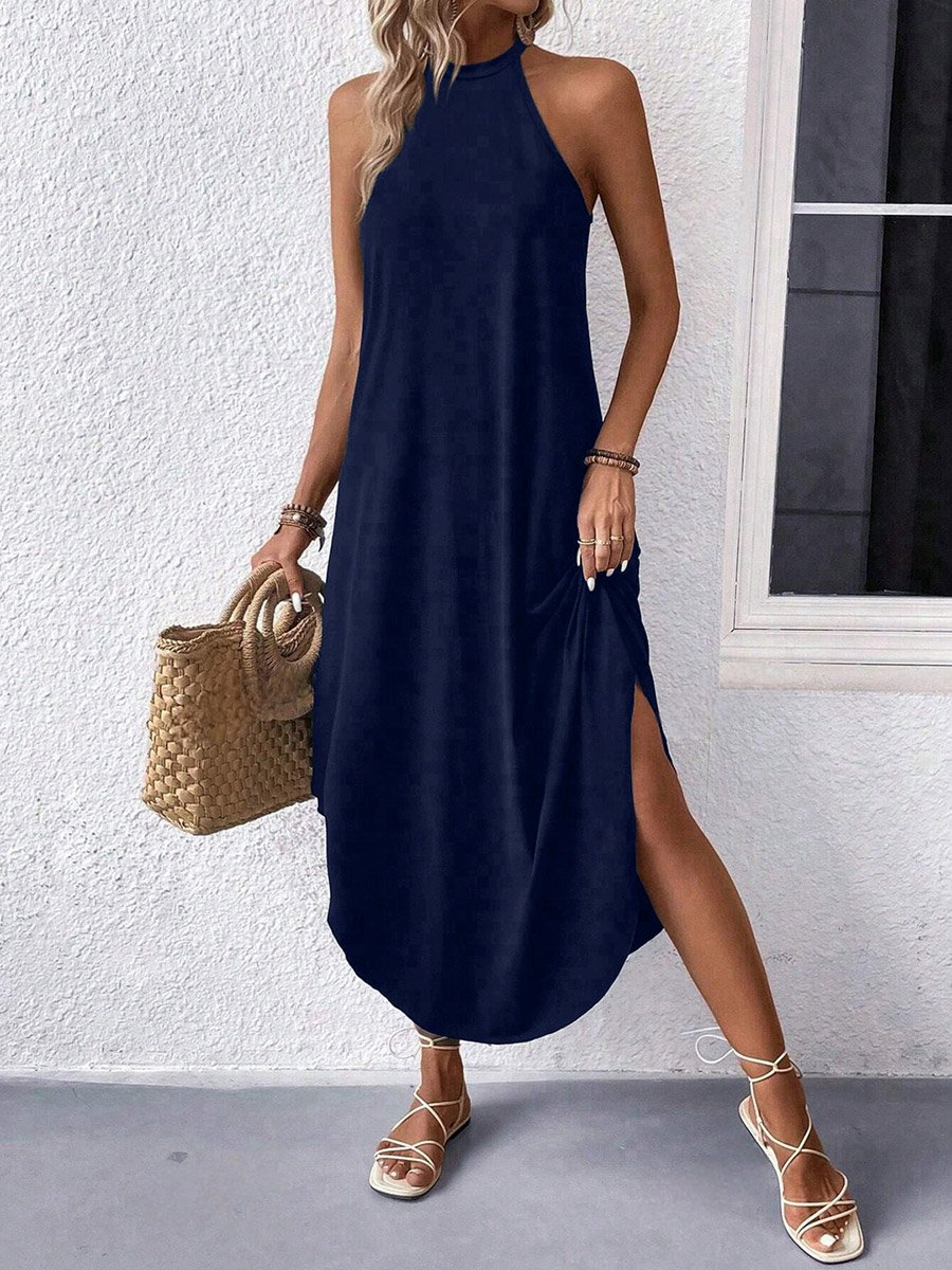 Navy Blue Sleeveless Curved Hem Maxi Dress