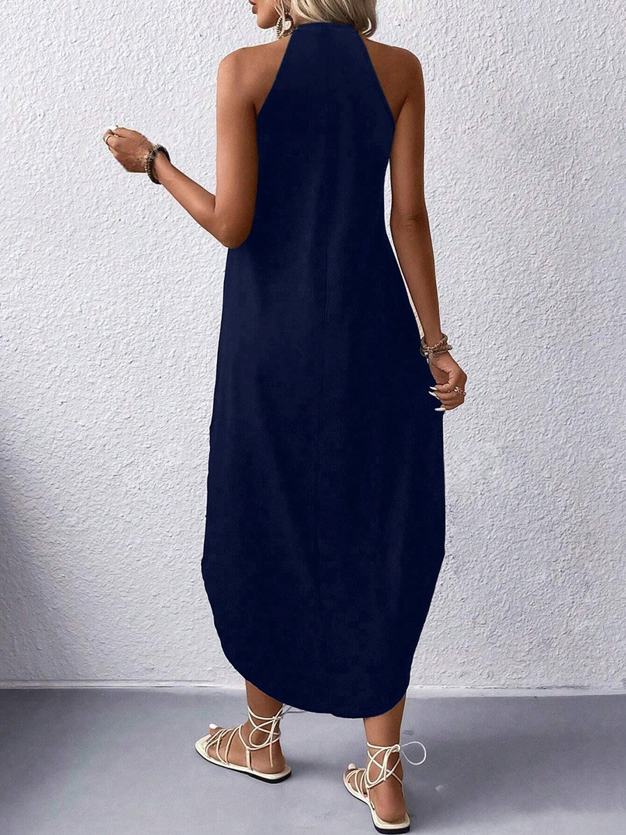 Navy Blue Sleeveless Curved Hem Maxi Dress