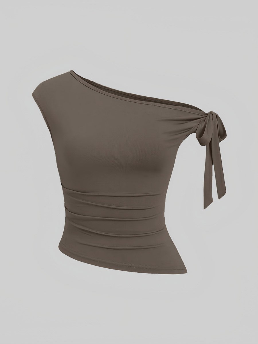 Brown One Shoulder Knot-Detail Top