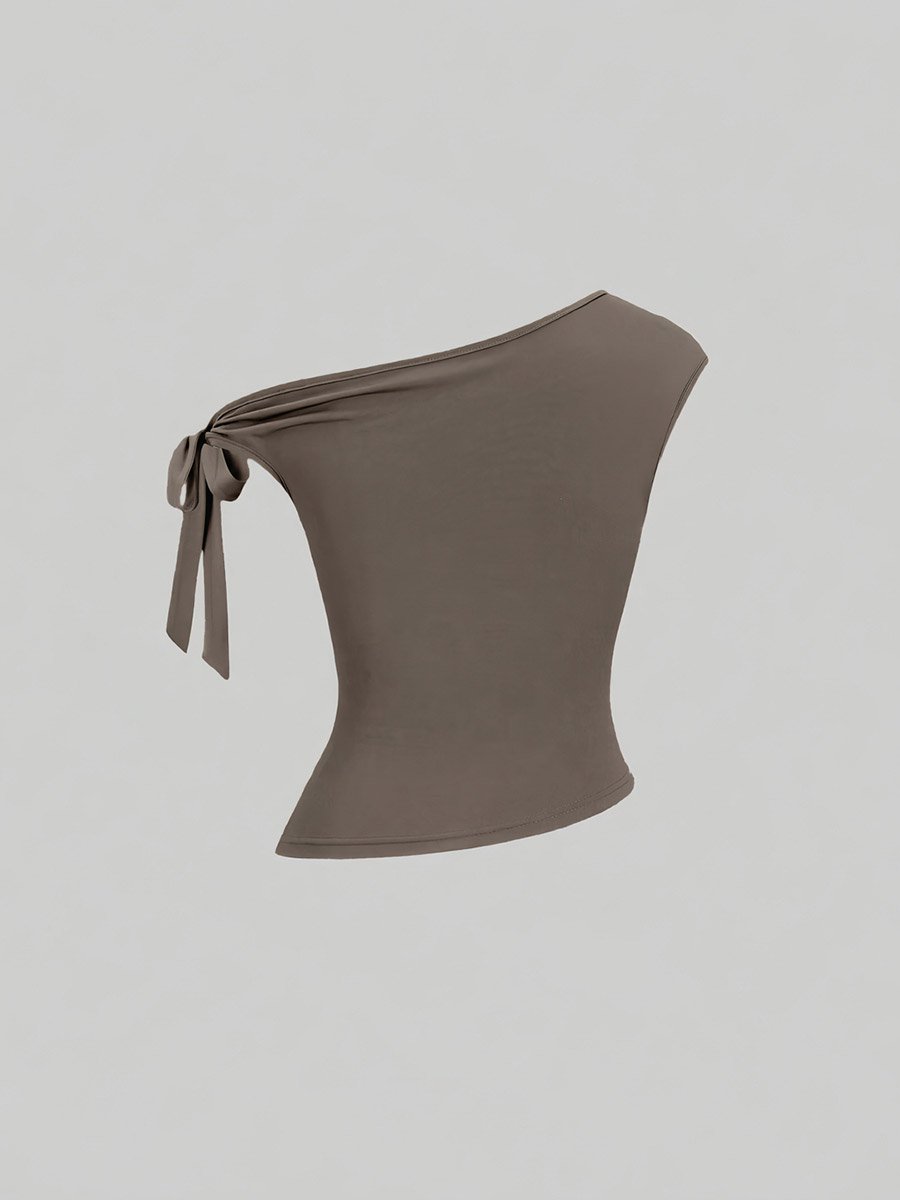 Brown One Shoulder Knot-Detail Top