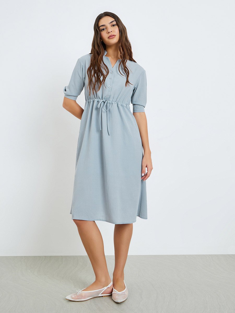 Grey Drawstring Waist Casual Midi Dress