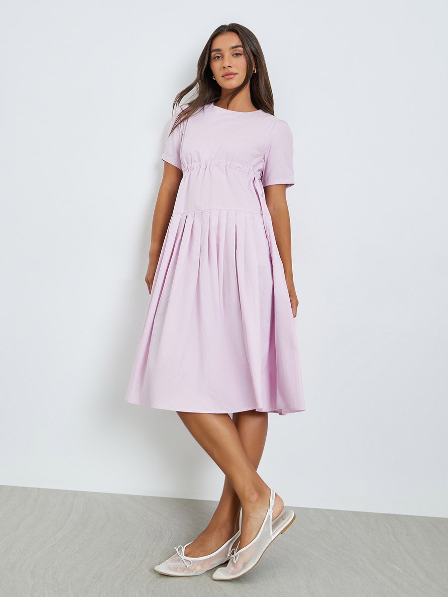 Pink Solid Drawstring Waist Pleated Midi Dress