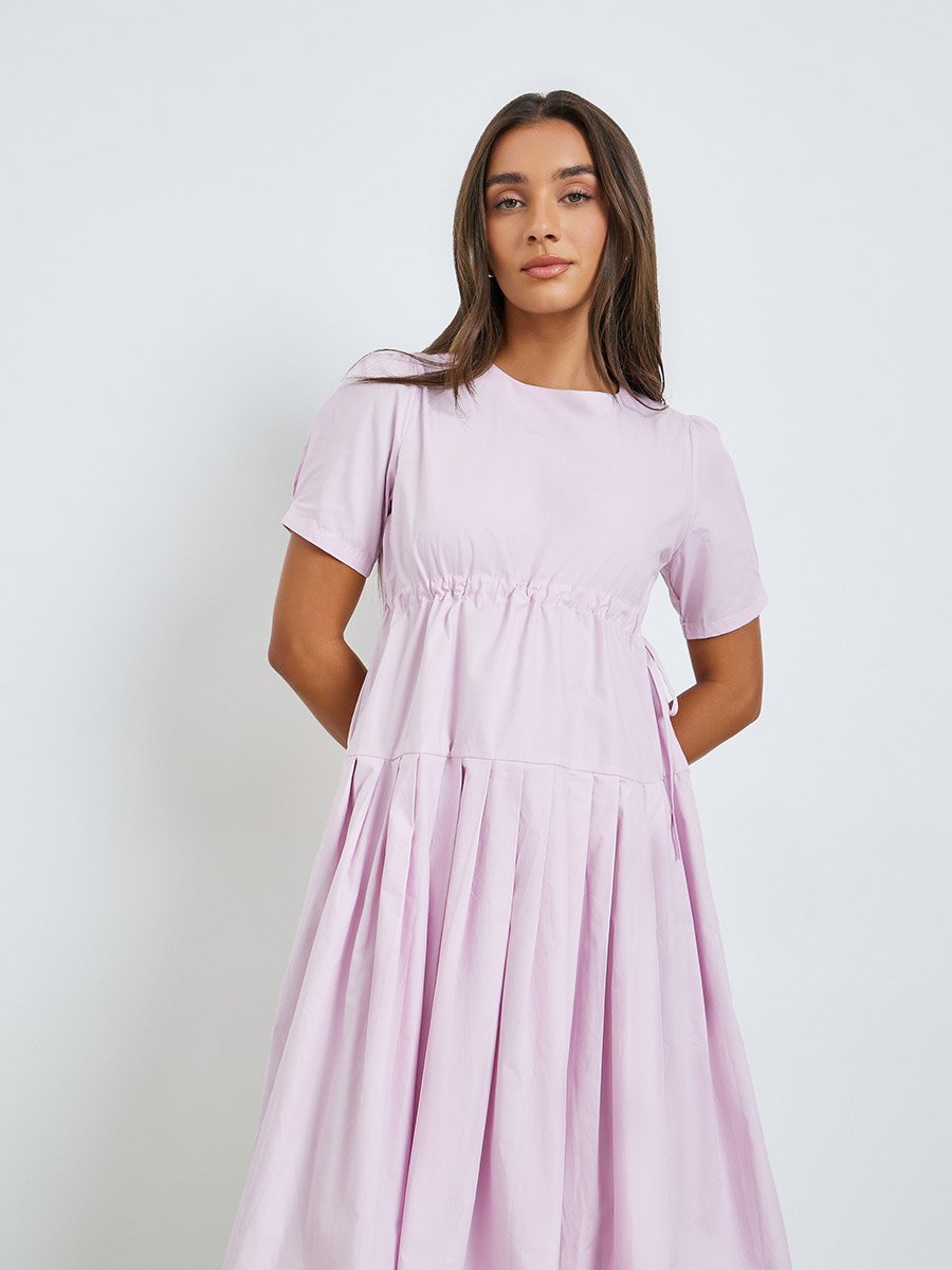 Pink Solid Drawstring Waist Pleated Midi Dress