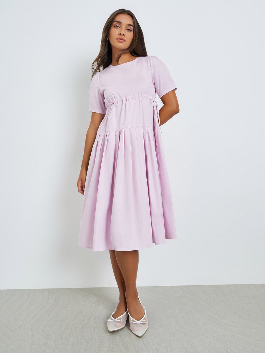 Pink Solid Drawstring Waist Pleated Midi Dress