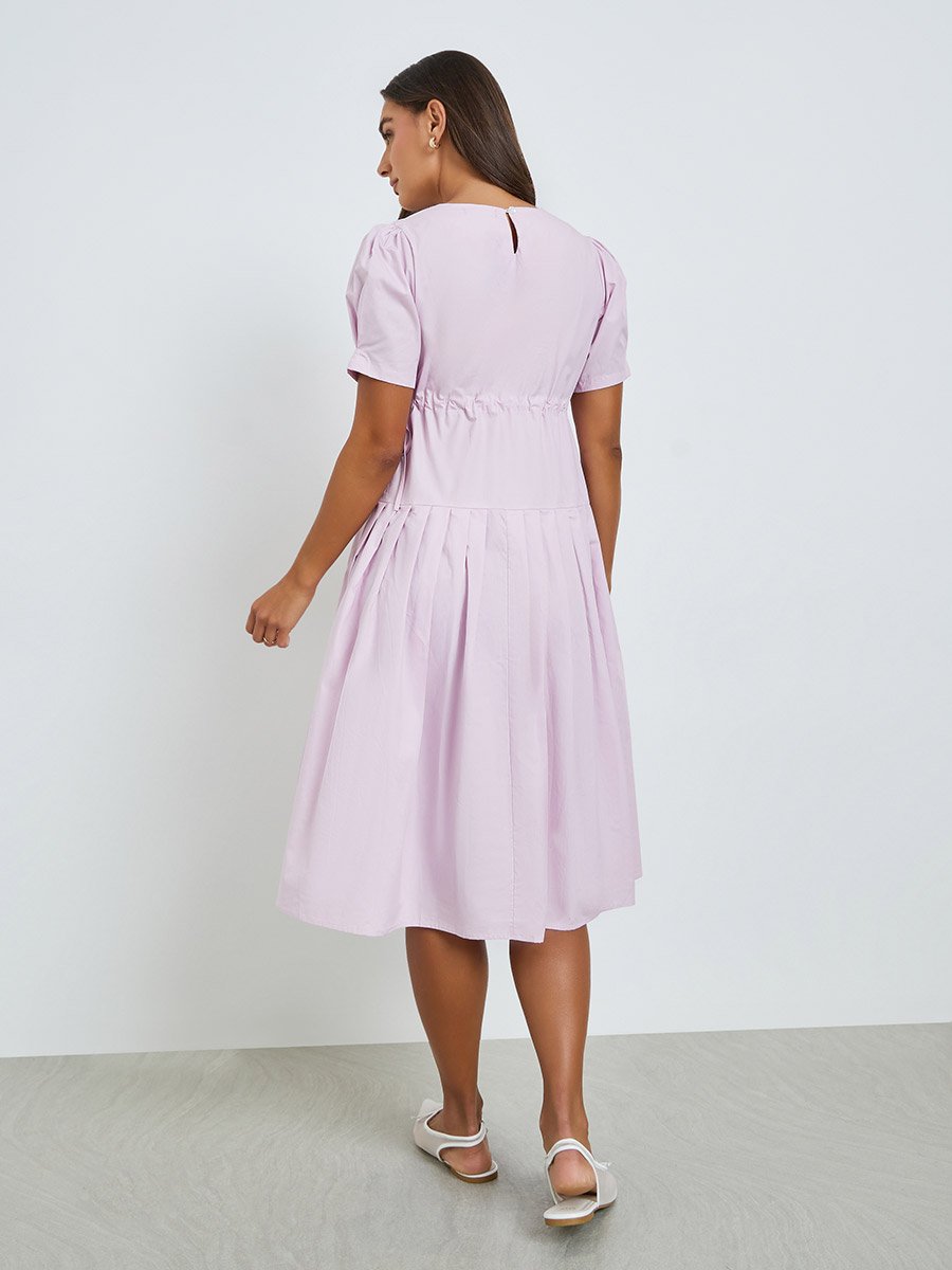 Pink Solid Drawstring Waist Pleated Midi Dress