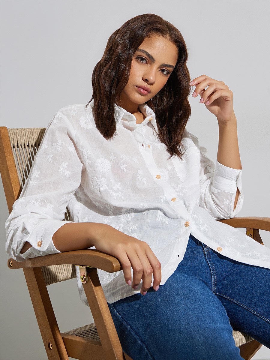 White Floral Embroidered Long Oversized Shirt