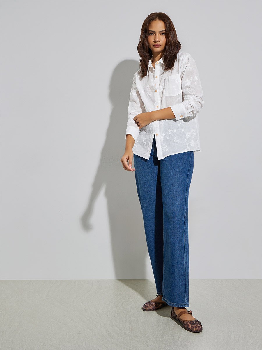 White Floral Embroidered Long Oversized Shirt