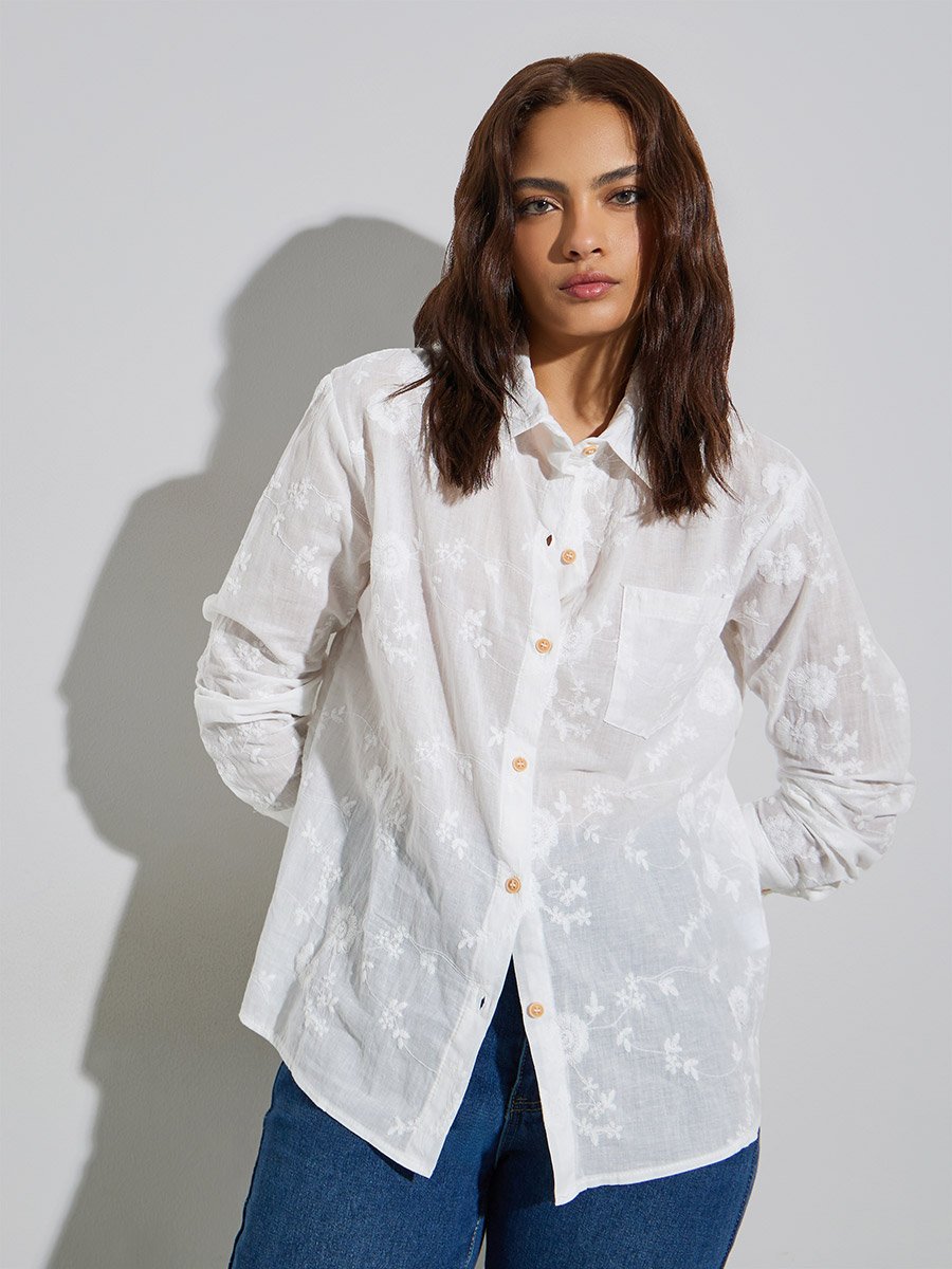 White Floral Embroidered Long Oversized Shirt