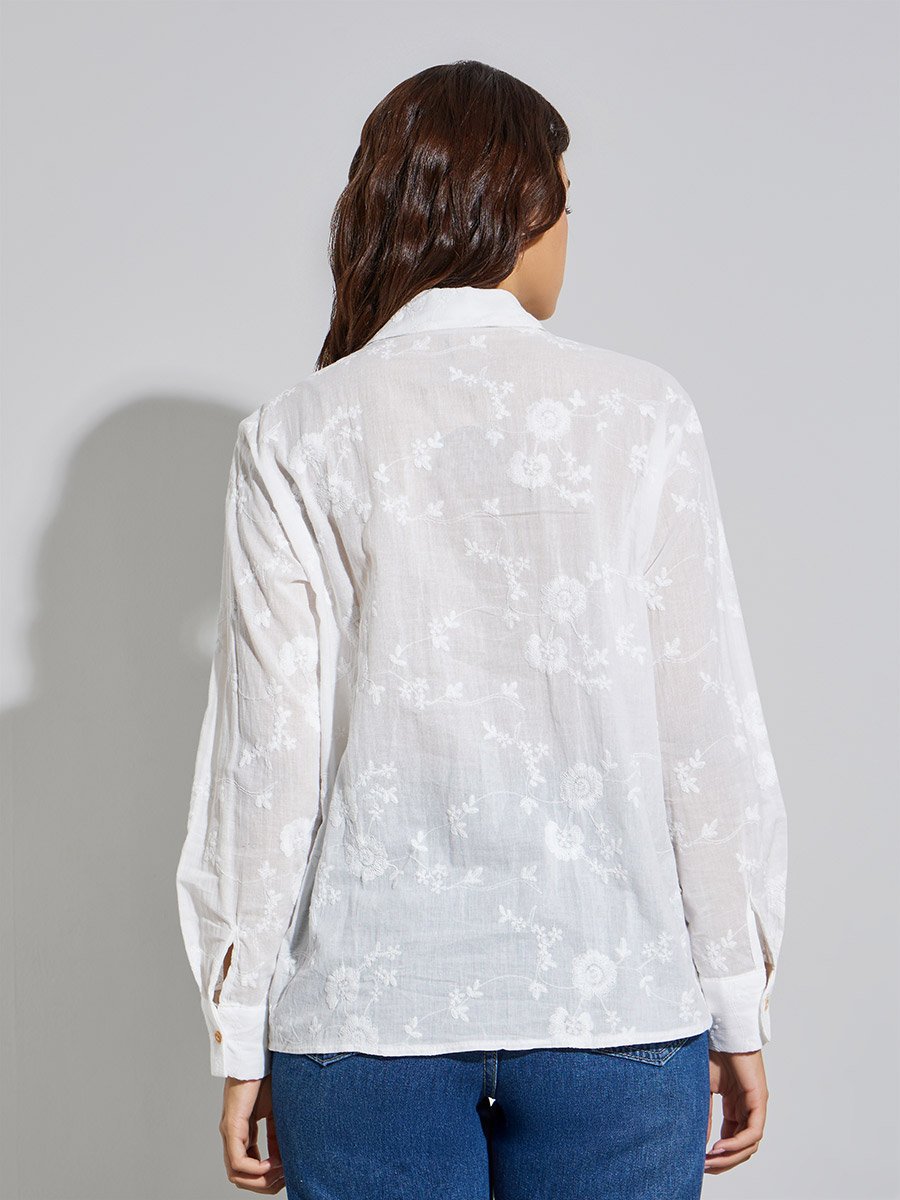 White Floral Embroidered Long Oversized Shirt