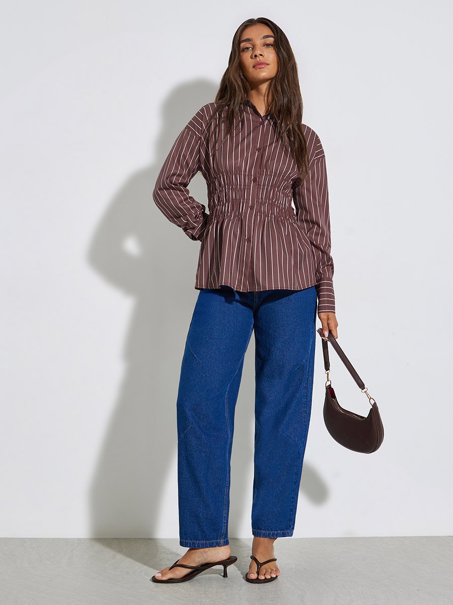 Brown Striped Cinched Waist Shirt