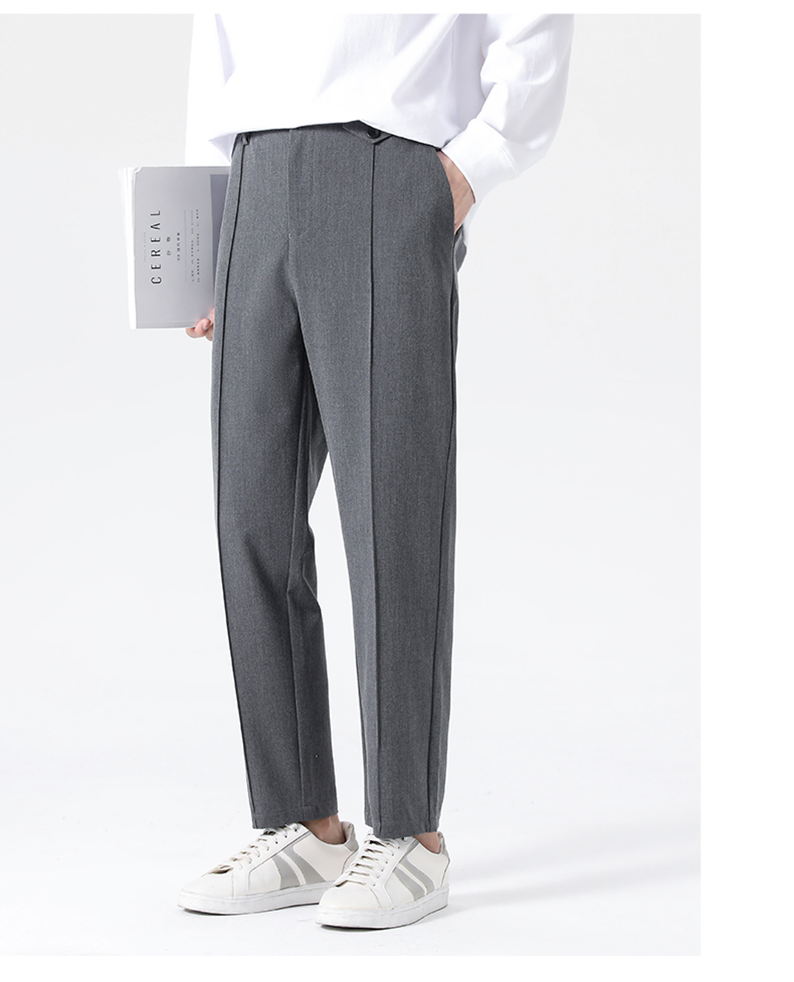 Men Grey Tailored Trousers with Contrast Piping