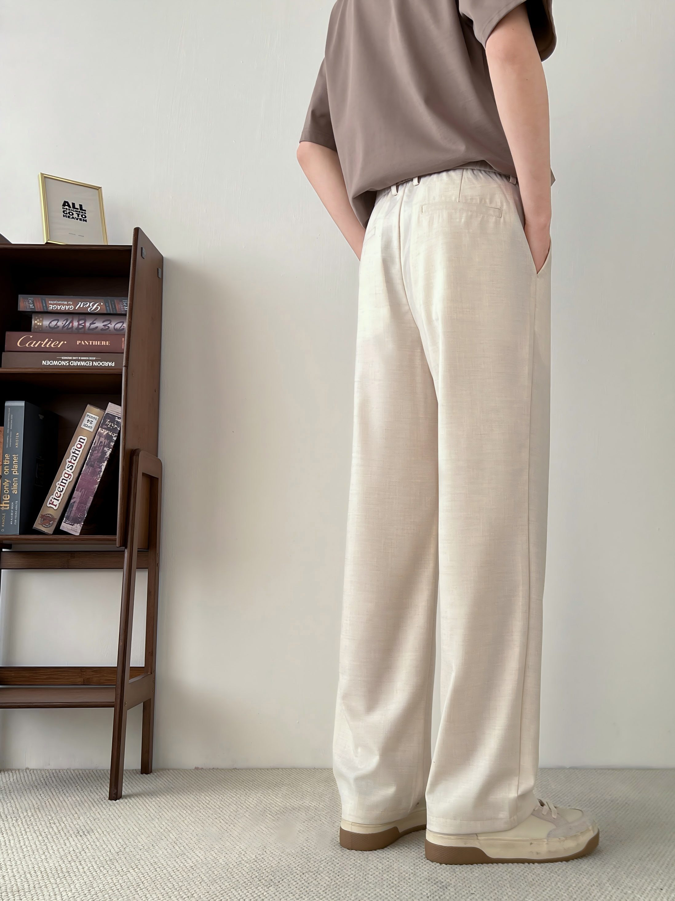 Men Beige Wide-Leg Trousers