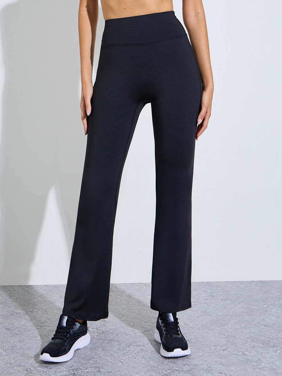 Black Half Front Zip Up Racerback Sport Bra and Broad Waist Flared Pants Set