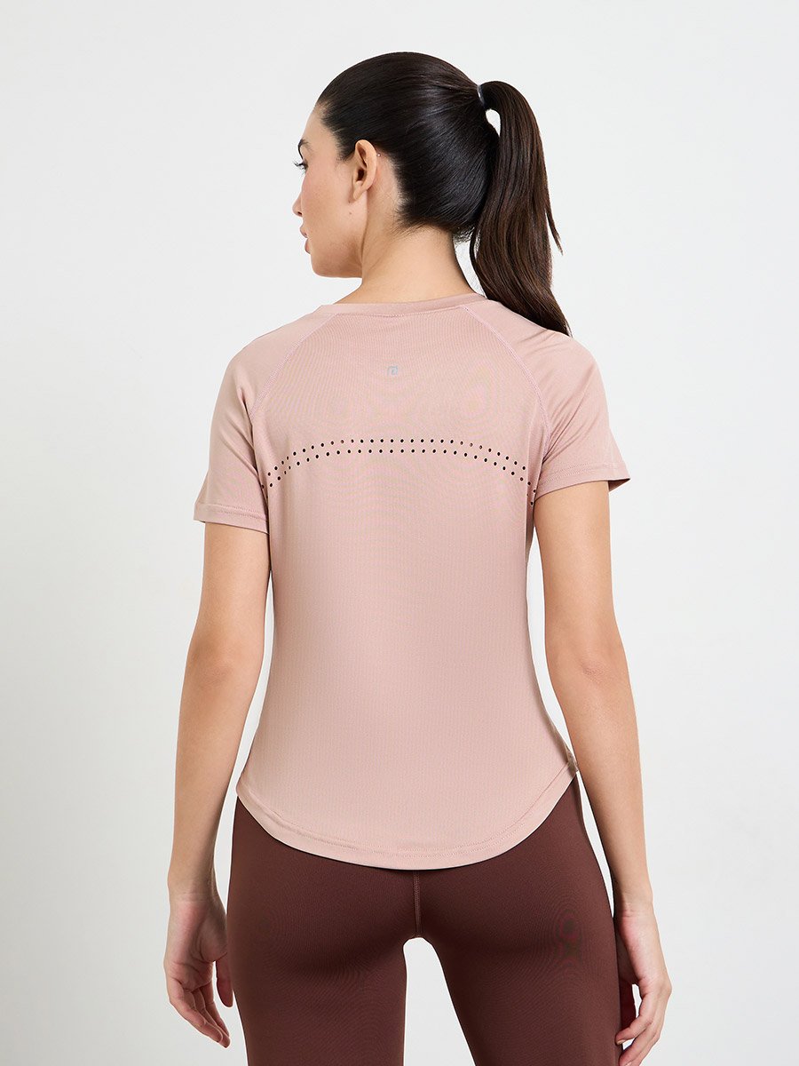 Pink Logo Lasercut Detail Curved Hem Short Sleeve Top