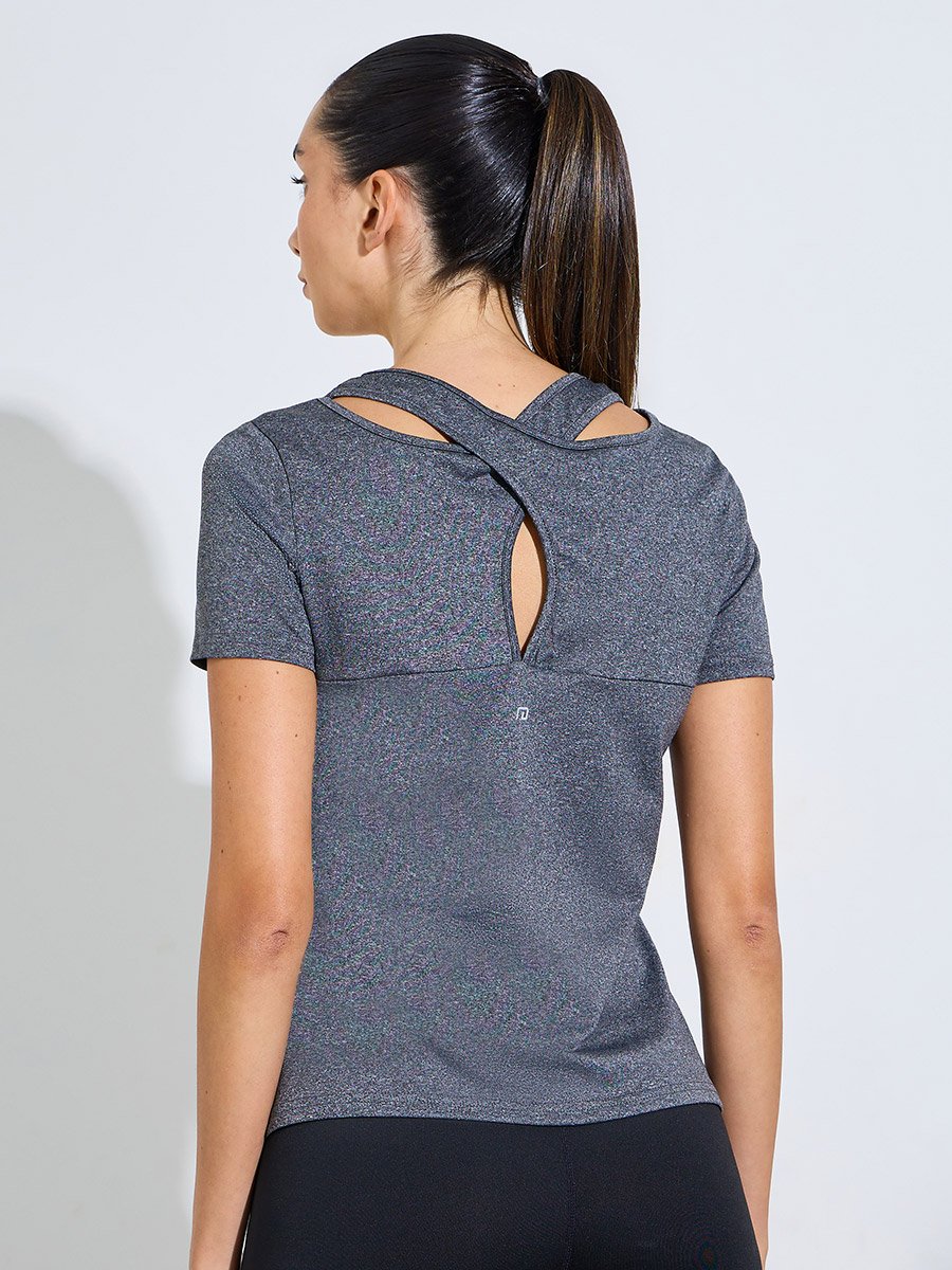 Grey Logo Melange Back Cut Panel short Sleeve Top