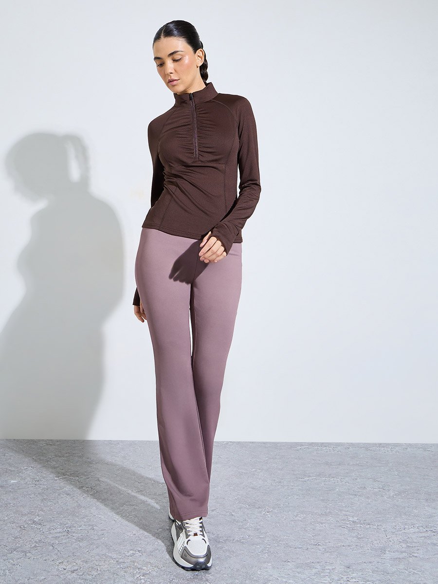 Brown Ruched Details Half Zip Up Thumbhole Top