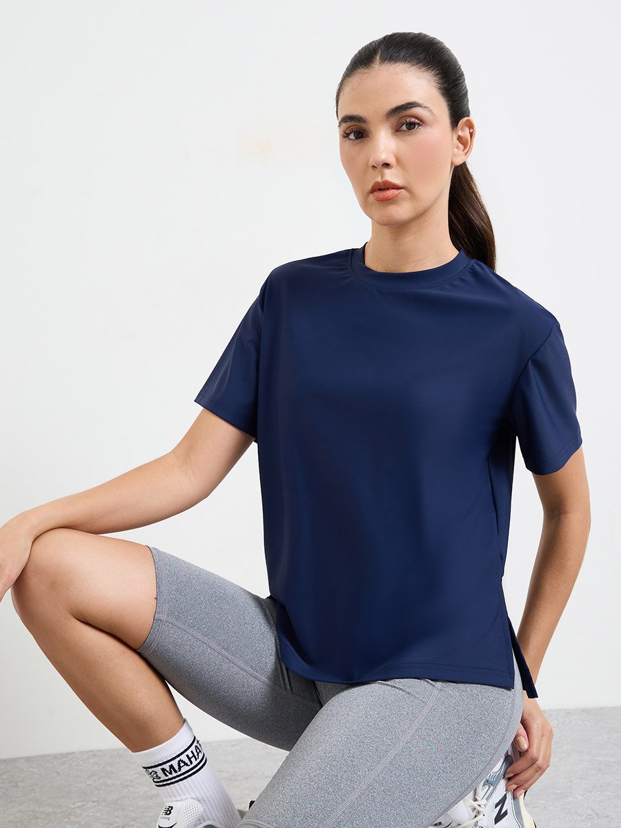 Navy Blue Loose Fit Side Hem Slit Short Sleeve Top