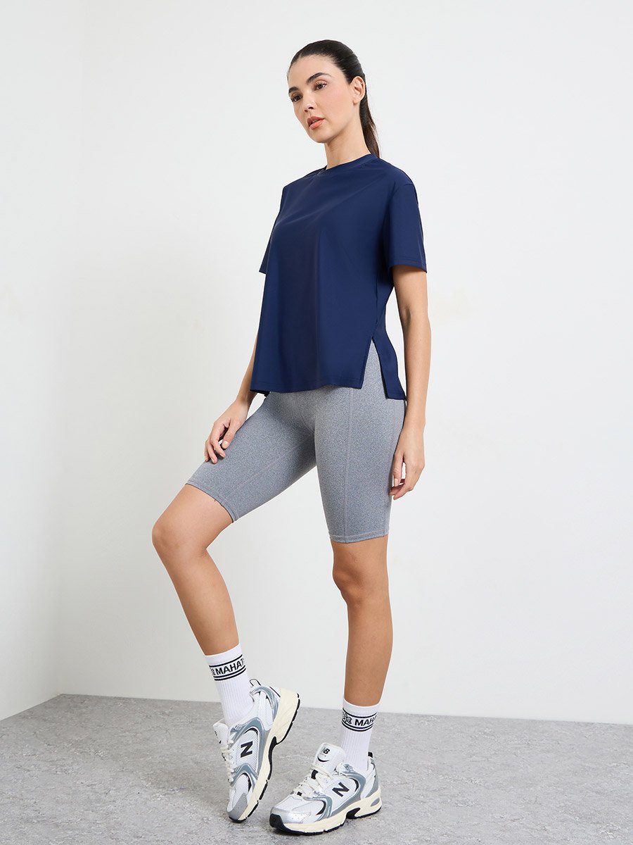Navy Blue Loose Fit Side Hem Slit Short Sleeve Top