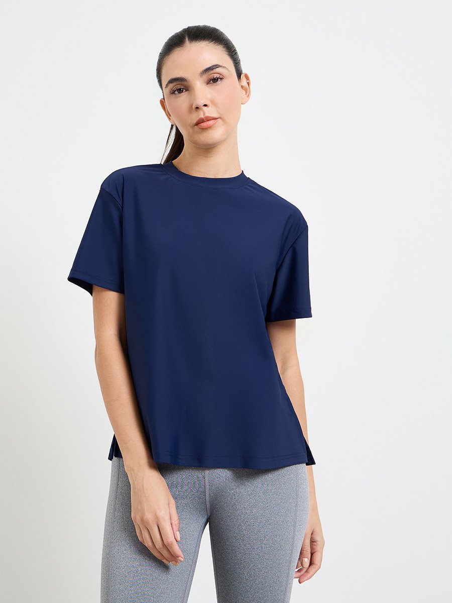 Navy Blue Loose Fit Side Hem Slit Short Sleeve Top