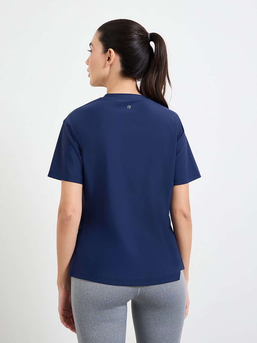 Navy Blue Loose Fit Side Hem Slit Short Sleeve Top