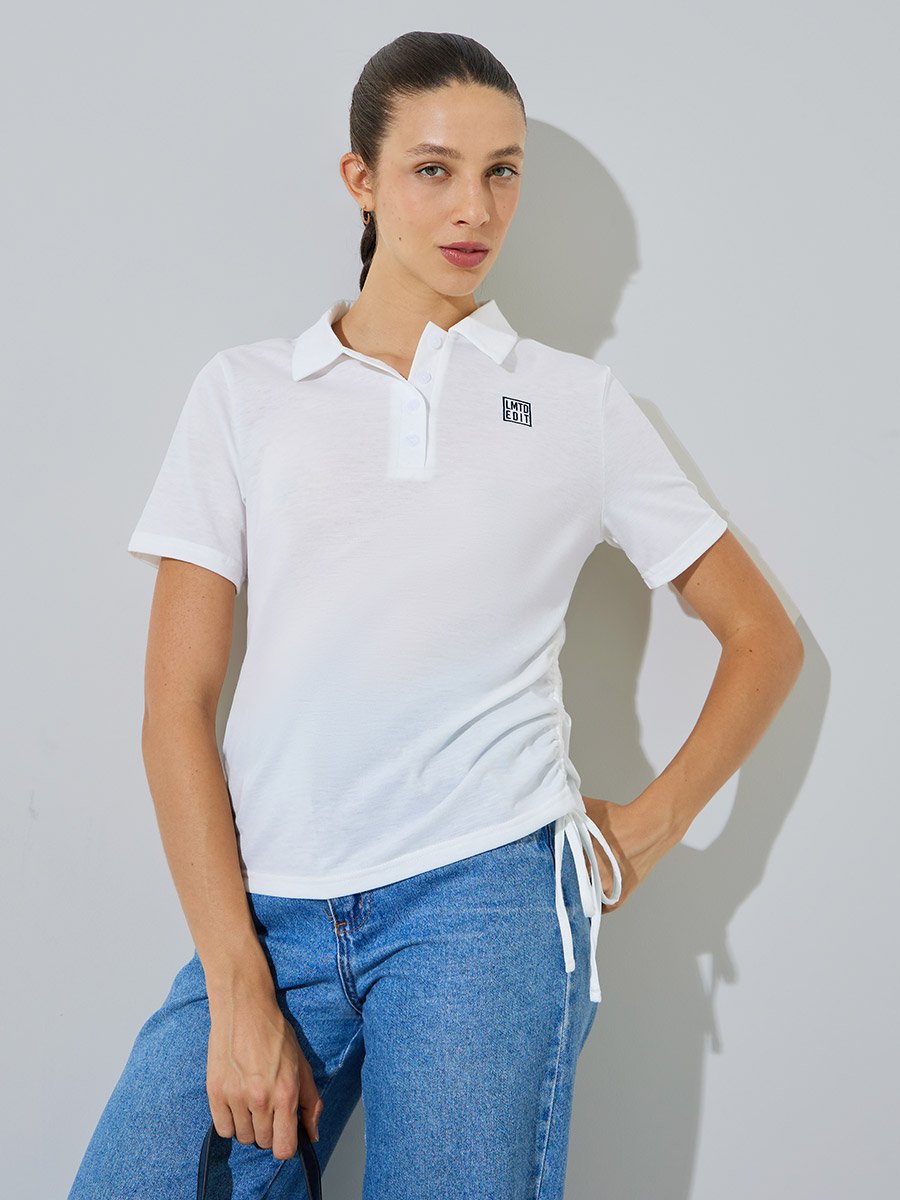 White Polo T-Shirt with Ruched Side Detail