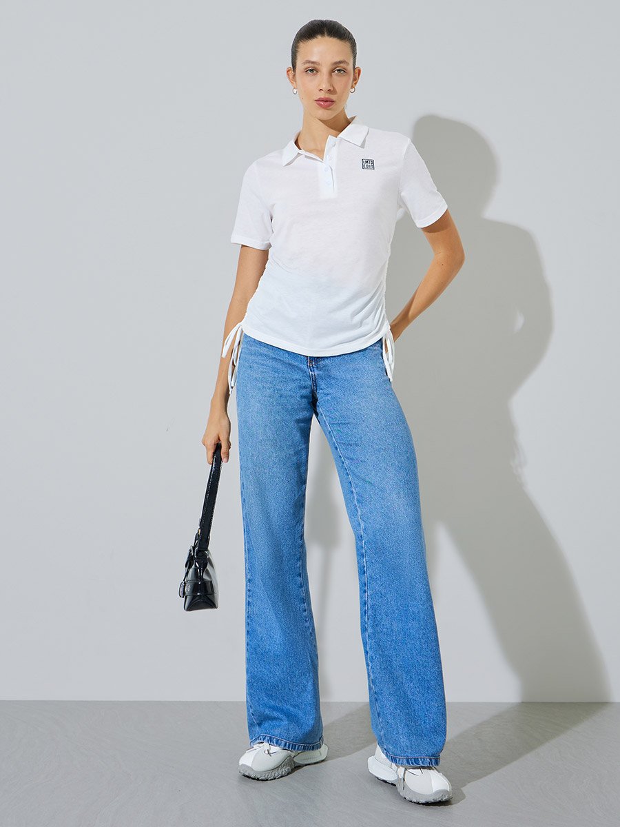 White Polo T-Shirt with Ruched Side Detail