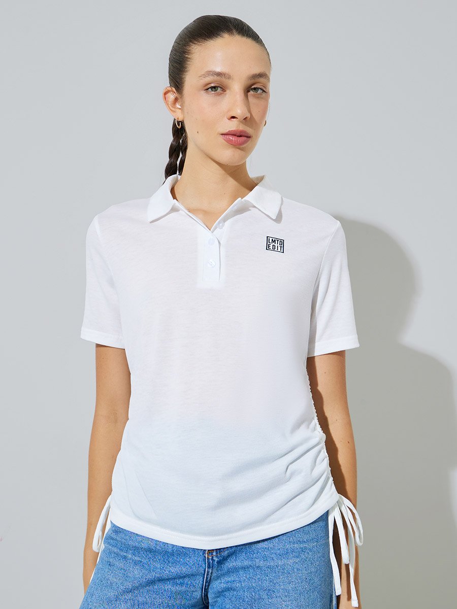 White Polo T-Shirt with Ruched Side Detail