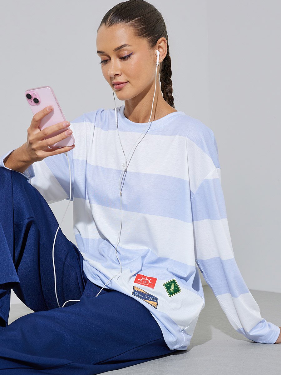 Multi-Color Striped Long Sleeves Oversized T-Shirt with Patchwork Detail