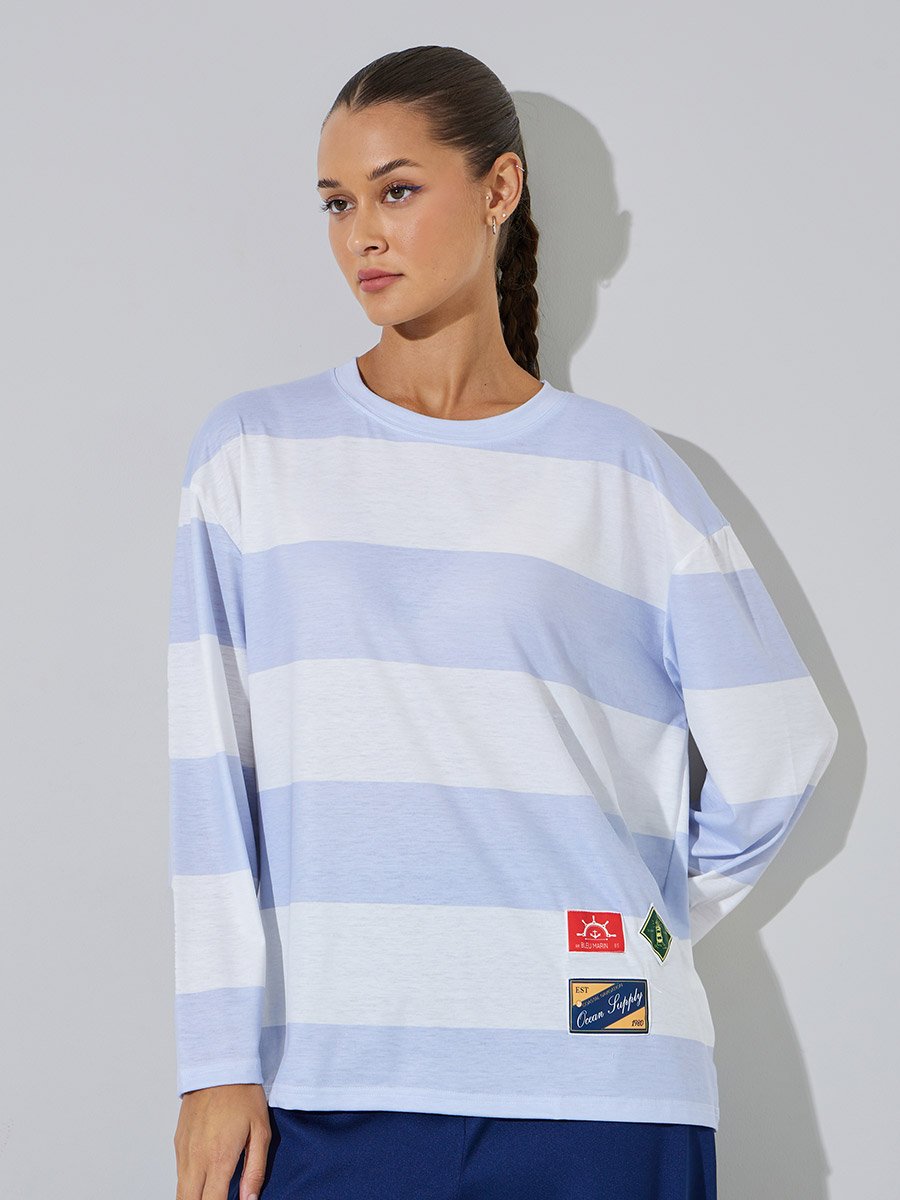 Multi-Color Striped Long Sleeves Oversized T-Shirt with Patchwork Detail