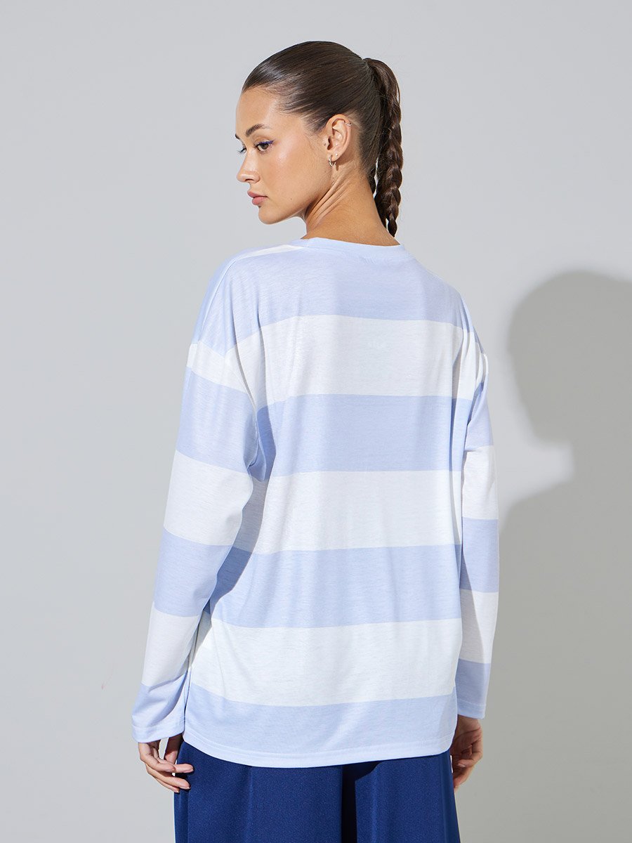 Multi-Color Striped Long Sleeves Oversized T-Shirt with Patchwork Detail