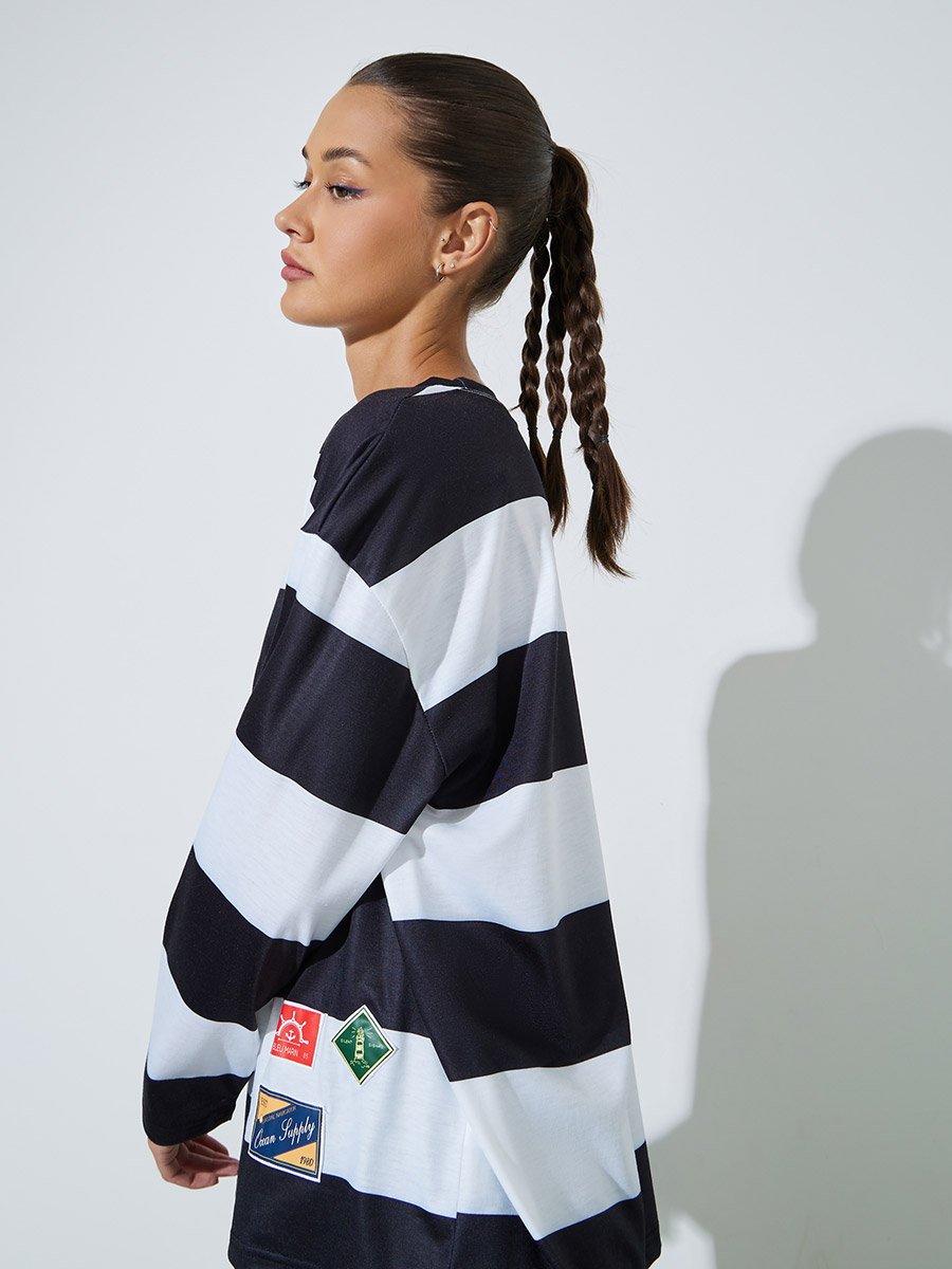 Multi-Color Striped Long Sleeves Oversized T-Shirt with Patchwork Detail