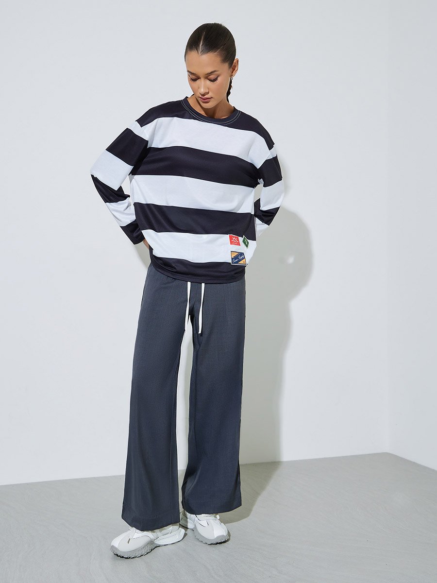 Multi-Color Striped Long Sleeves Oversized T-Shirt with Patchwork Detail