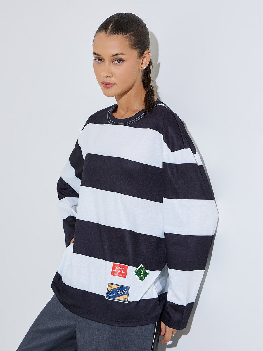 Multi-Color Striped Long Sleeves Oversized T-Shirt with Patchwork Detail