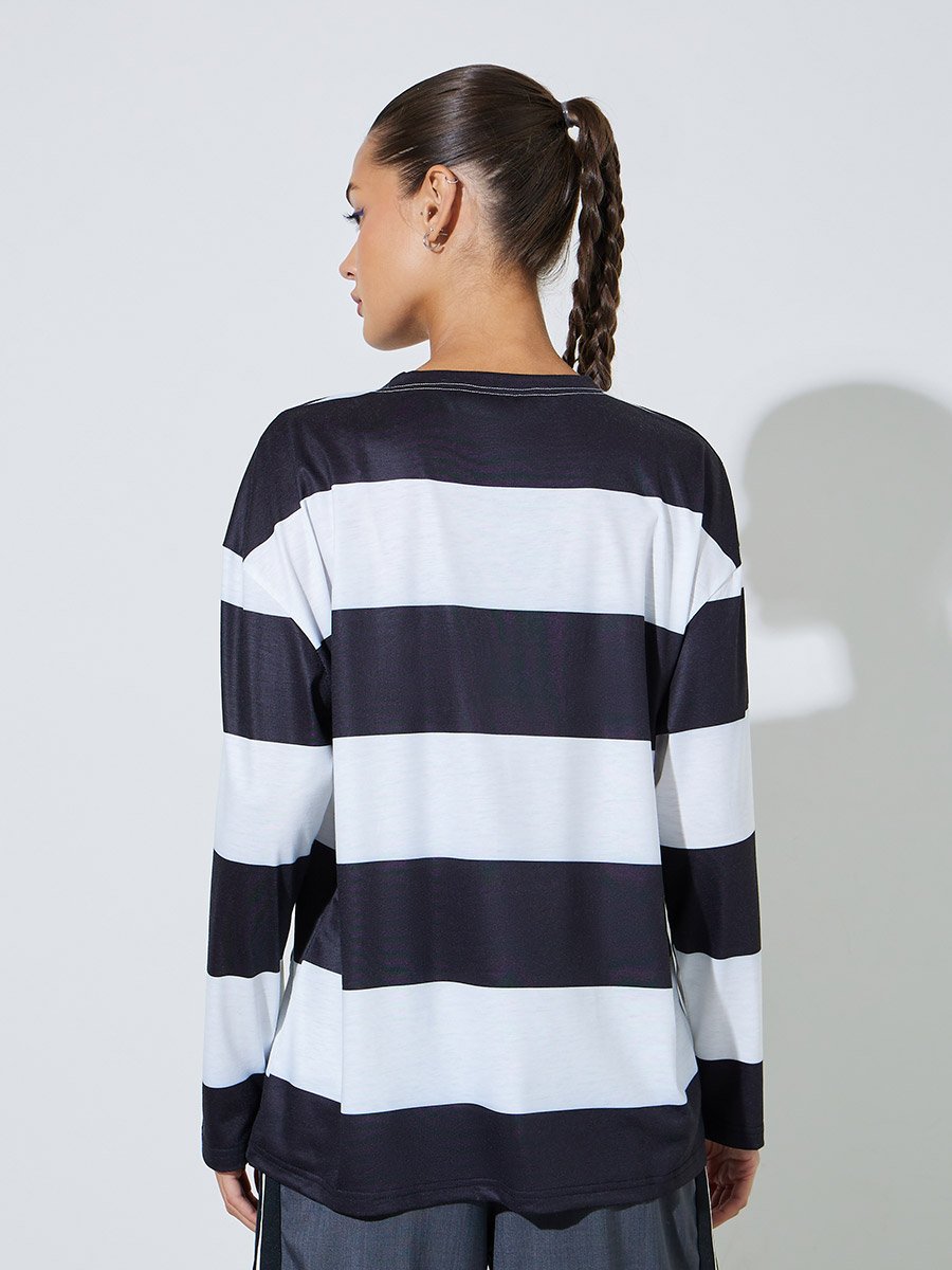 Multi-Color Striped Long Sleeves Oversized T-Shirt with Patchwork Detail