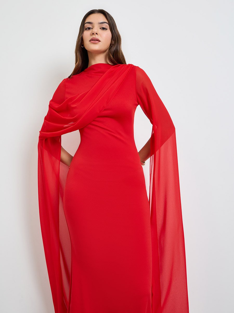 Red Slit Sleeve Draped Maxi Dress