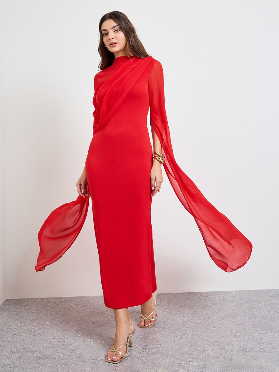 Red Slit Sleeve Draped Maxi Dress