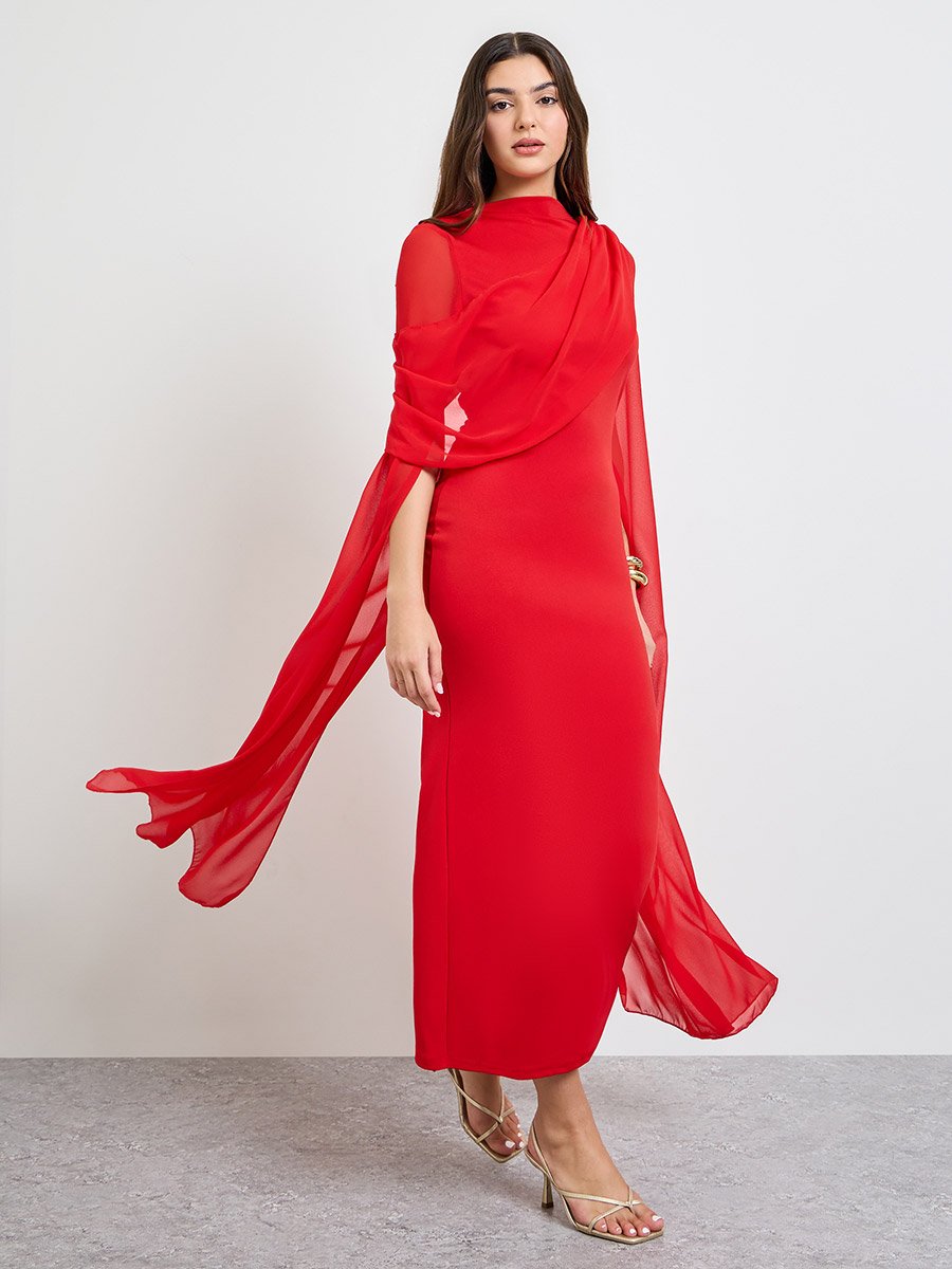 Red Slit Sleeve Draped Maxi Dress