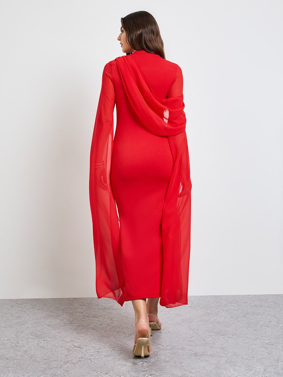 Red Slit Sleeve Draped Maxi Dress