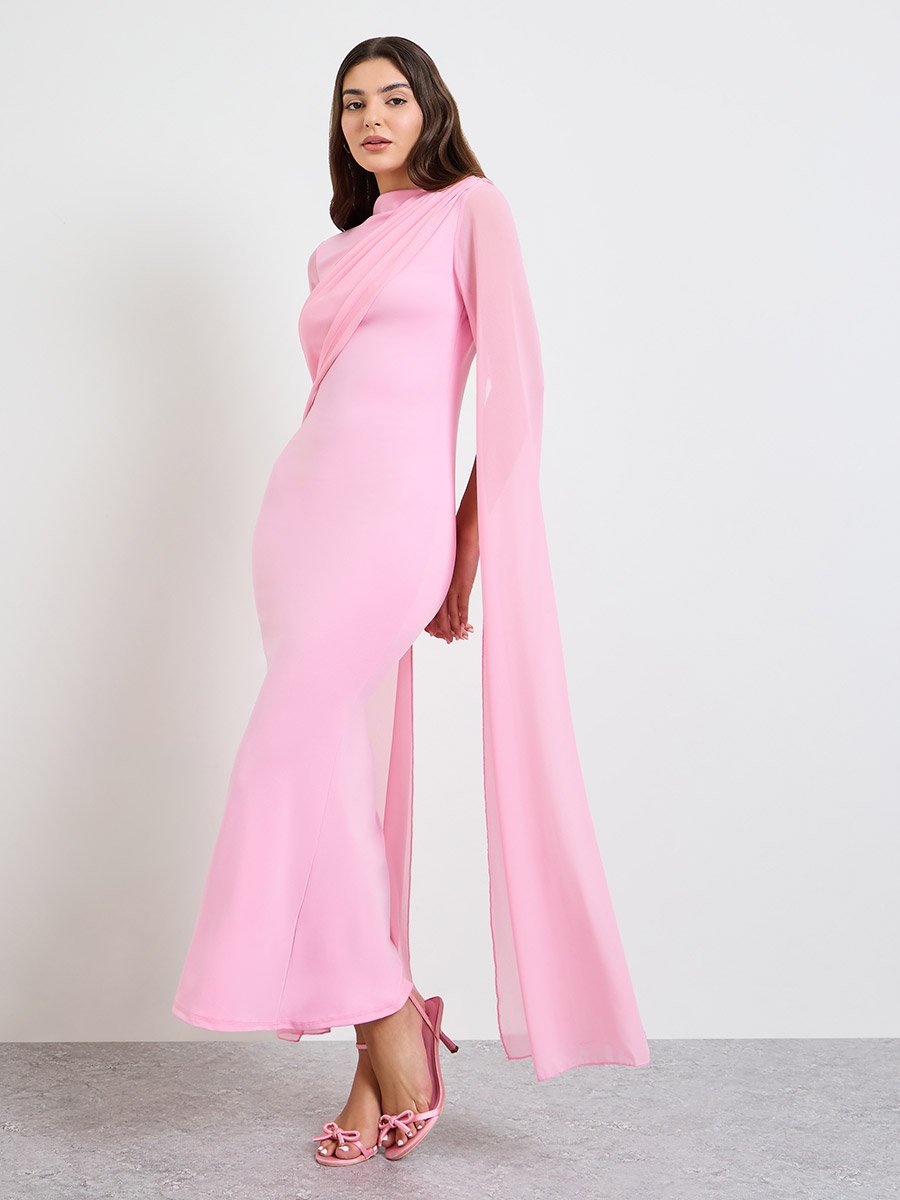 Pink Slit Sleeve Draped Maxi Dress