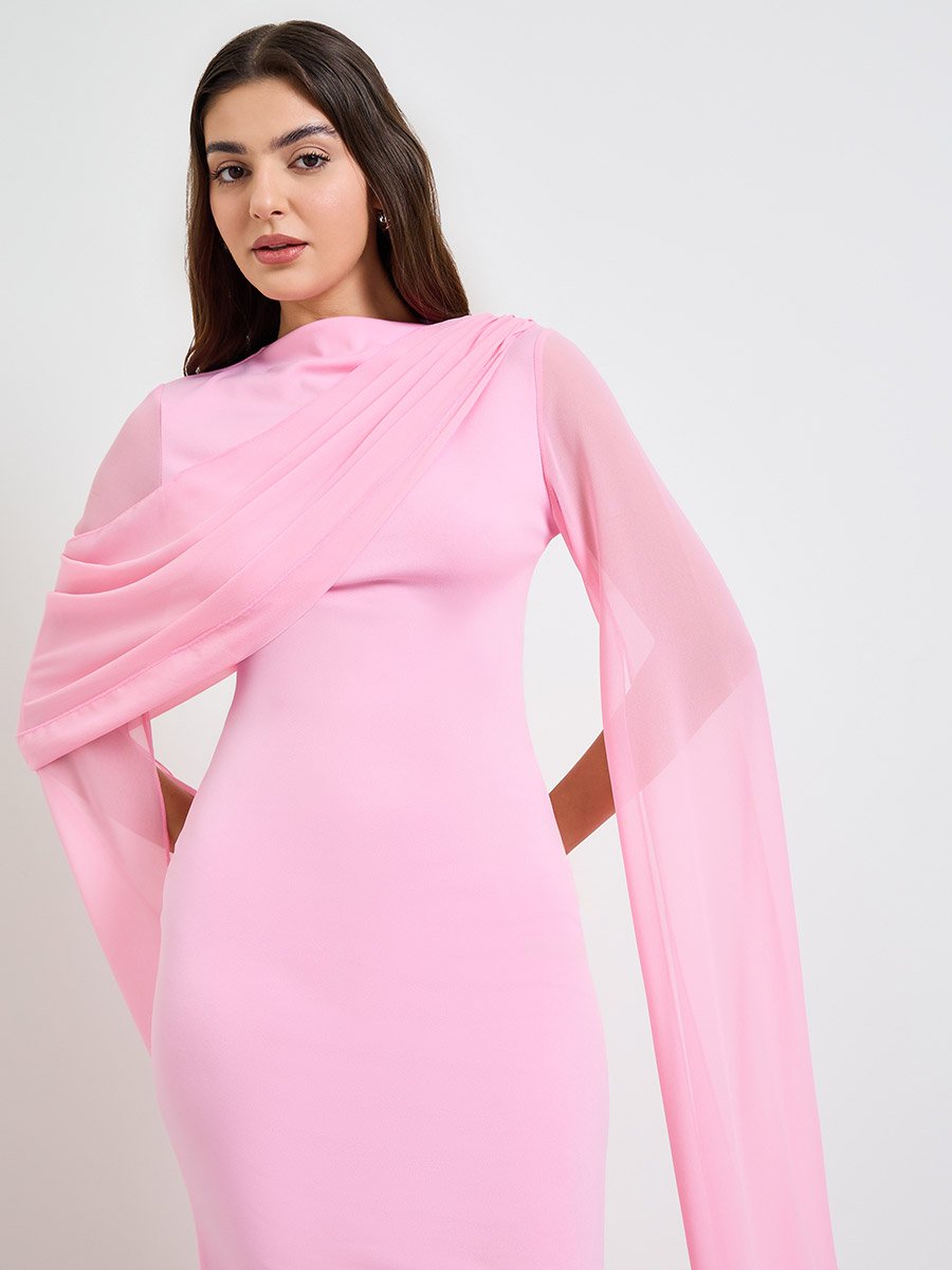 Pink Slit Sleeve Draped Maxi Dress