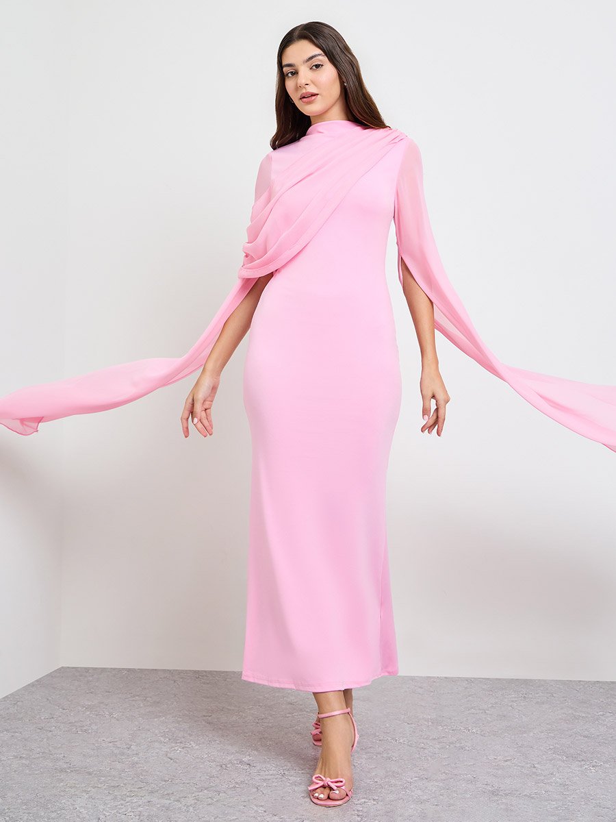 Pink Slit Sleeve Draped Maxi Dress