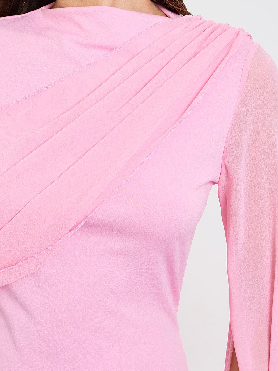 Pink Slit Sleeve Draped Maxi Dress