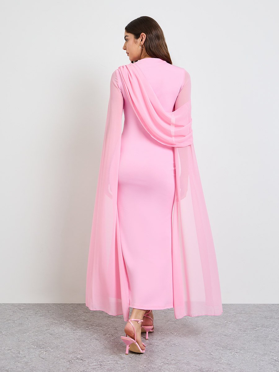 Pink Slit Sleeve Draped Maxi Dress
