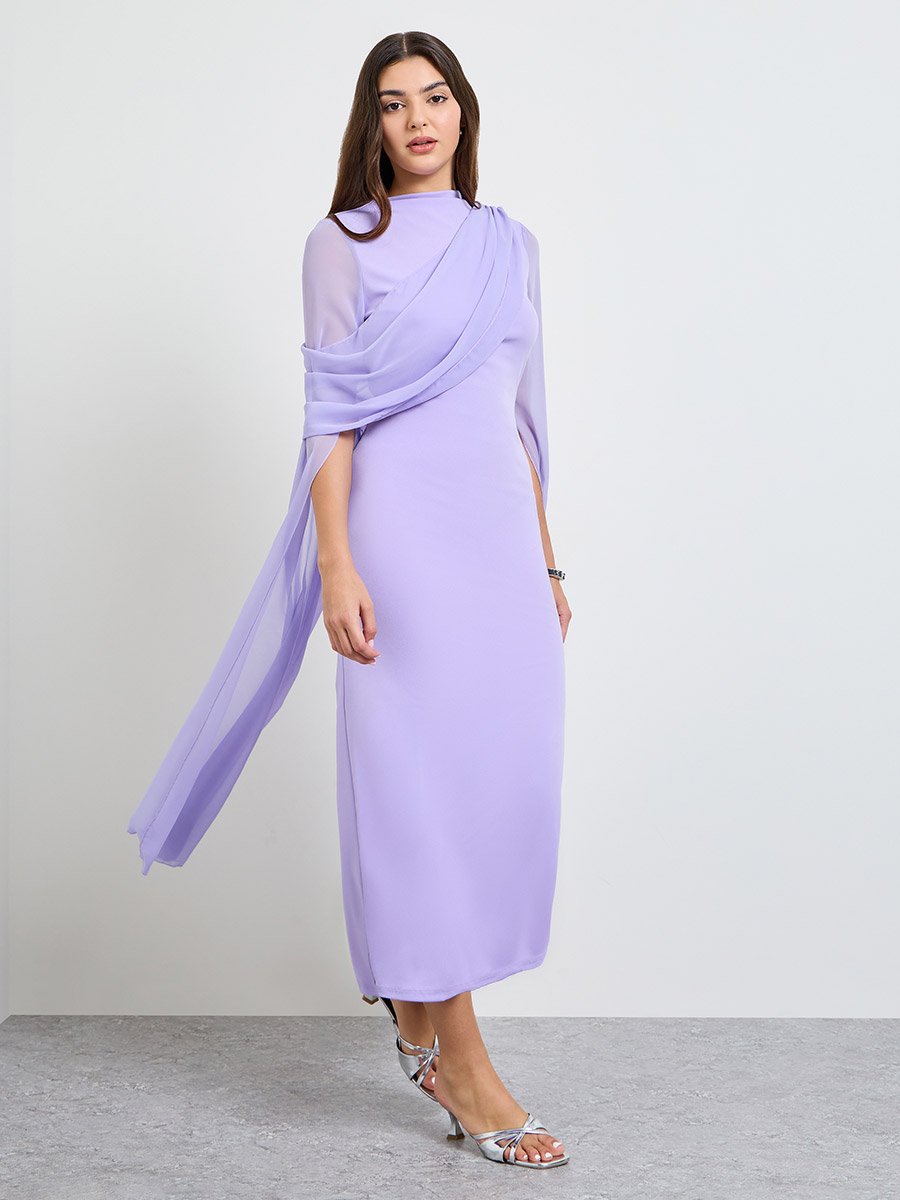 Purple Slit Sleeve Draped Maxi Dress