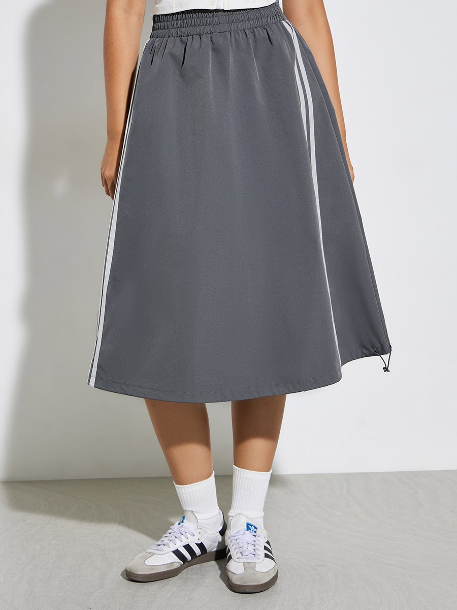 Grey Side Striped Midi Skirt with Toggle String