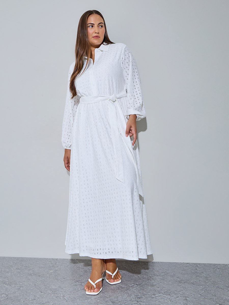 Plus Size White Eyelet Details Shirt Maxi Dress