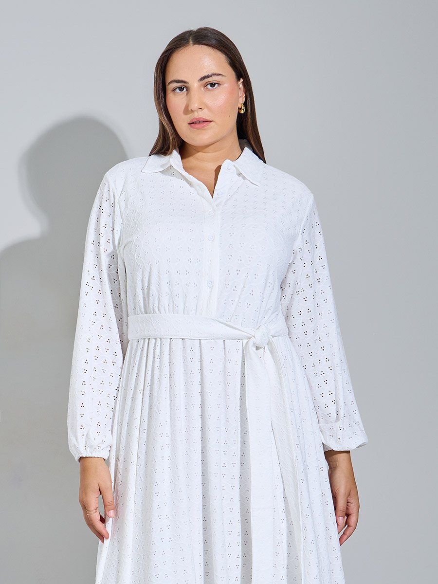 Plus Size White Eyelet Details Shirt Maxi Dress